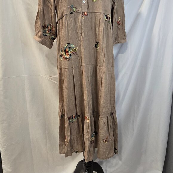 Fig & Flower Flowy Brown Dress Size Large Embroidered Paisley Sea Shell Buttons - Picture 2 of 12